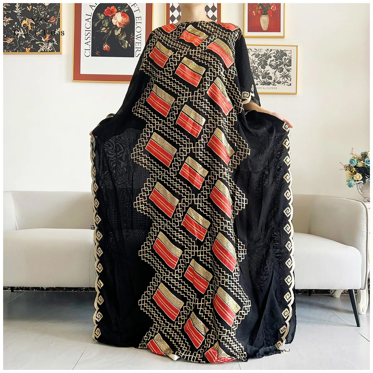 2026 Women Muslim Sequin Embroidery Long Black Lady Clothes Fashion New Arrival African Embroidery Flower Dresse With Scarf