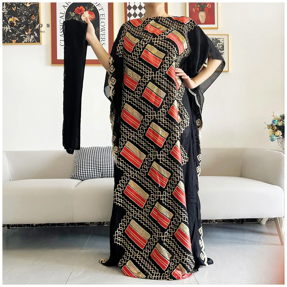 2026 Women Muslim Sequin Embroidery Long Black Lady Clothes Fashion New Arrival African Embroidery Flower Dresse With Scarf