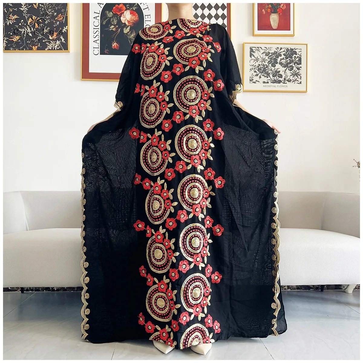 2026 Women Muslim Sequin Embroidery Long Black Lady Clothes Fashion New Arrival African Embroidery Flower Dresse With Scarf