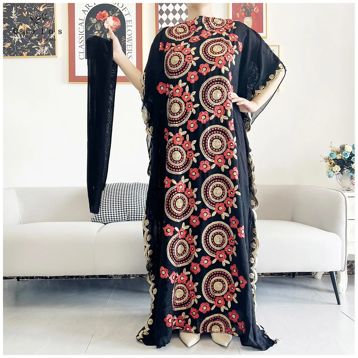 2026 Women Muslim Sequin Embroidery Long Black Lady Clothes Fashion New Arrival African Embroidery Flower Dresse With Scarf