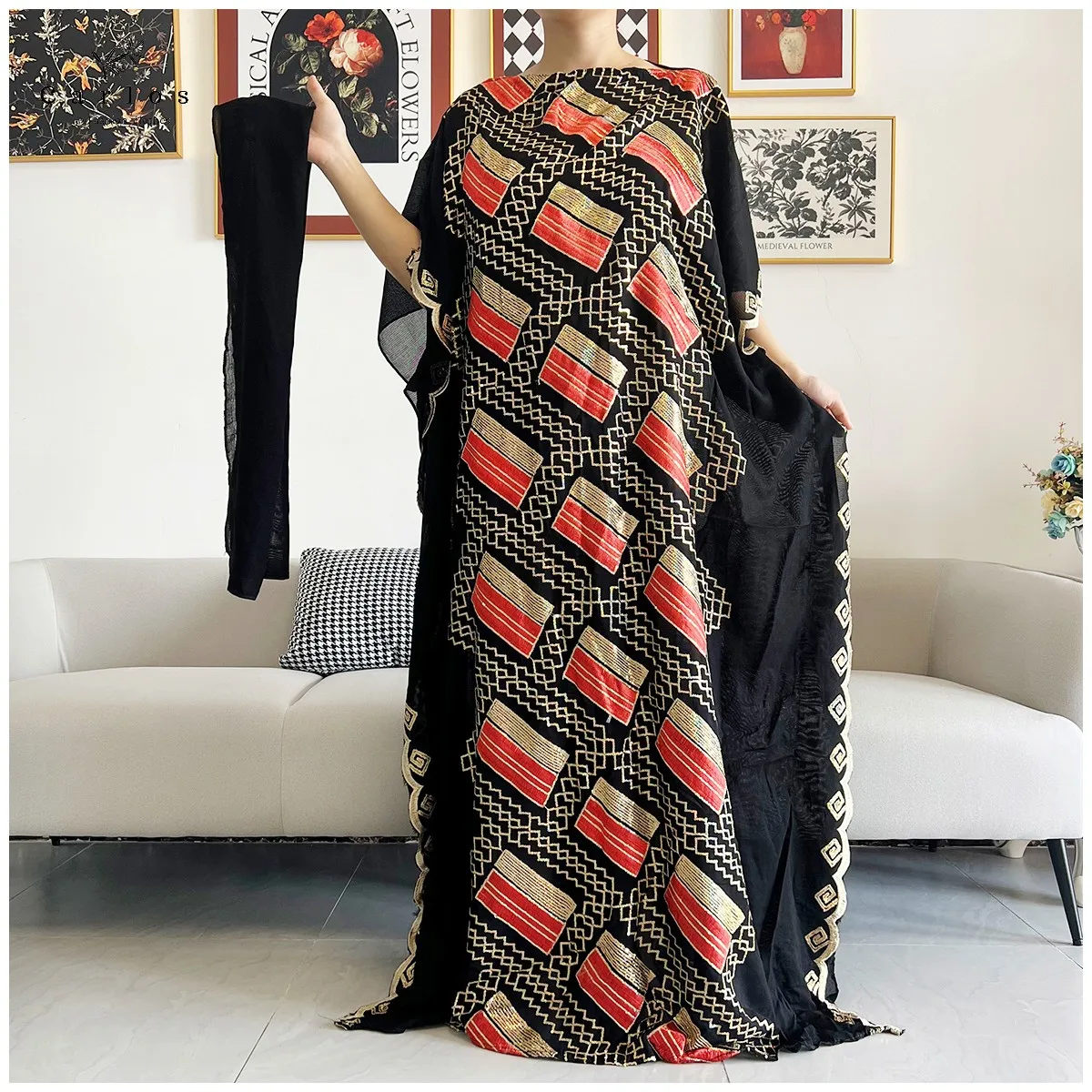2026 Women Muslim Sequin Embroidery Long Black Lady Clothes Fashion New Arrival African Embroidery Flower Dresse With Scarf