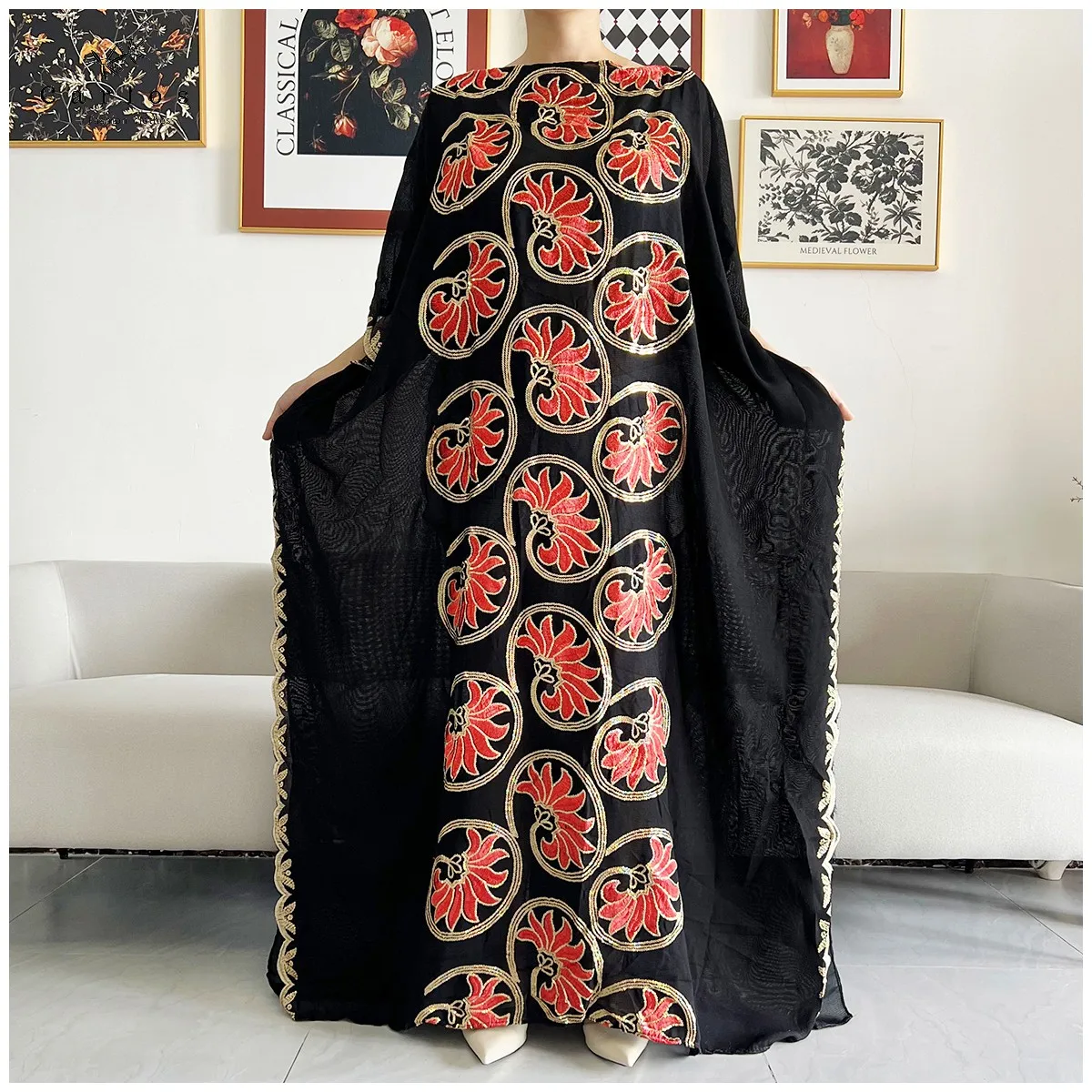 2026 Women Muslim Sequin Embroidery Long Black Lady Clothes Fashion New Arrival African Embroidery Flower Dresse With Scarf