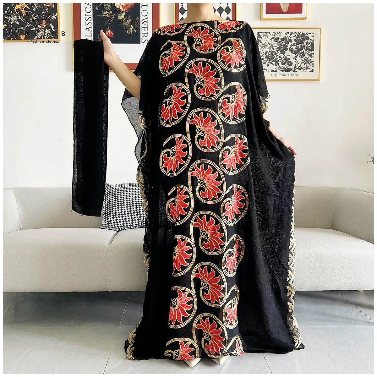 2026 Women Muslim Sequin Embroidery Long Black Lady Clothes Fashion New Arrival African Embroidery Flower Dresse With Scarf