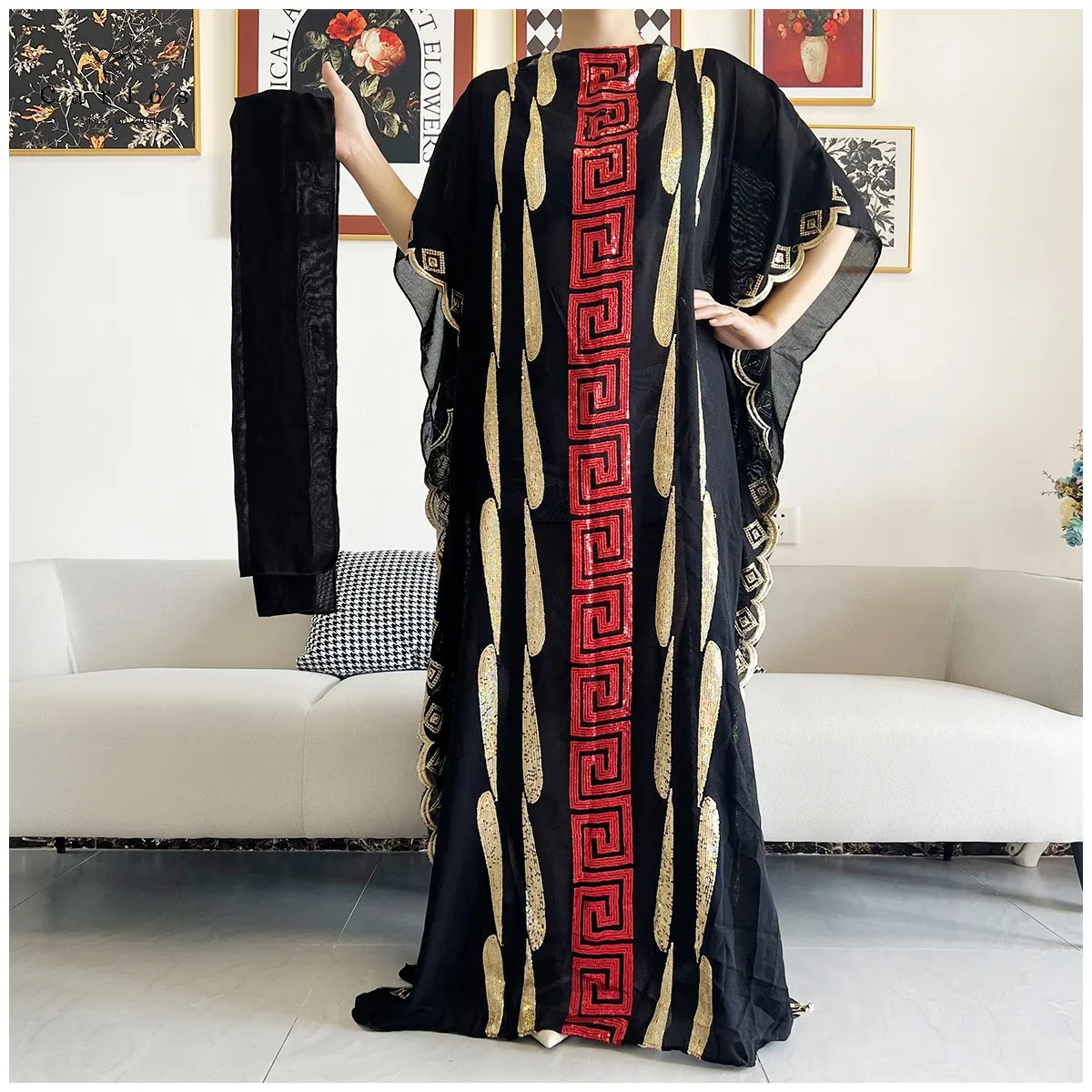 2026 Women Muslim Sequin Embroidery Long Black Lady Clothes Fashion New Arrival African Embroidery Flower Dresse With Scarf