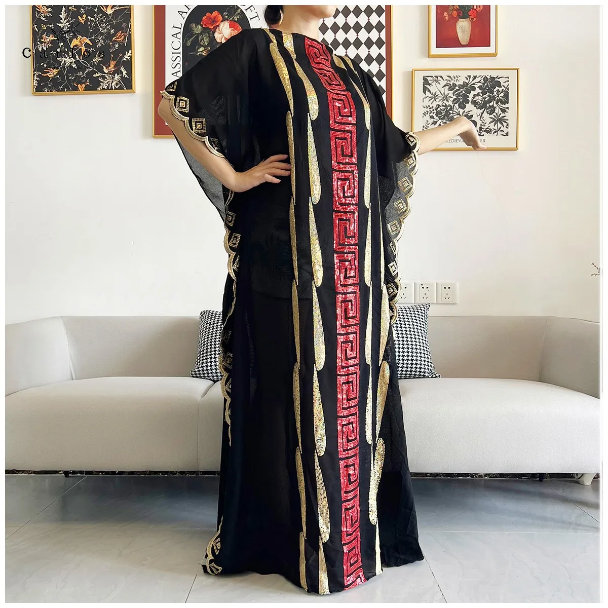 2026 Women Muslim Sequin Embroidery Long Black Lady Clothes Fashion New Arrival African Embroidery Flower Dresse With Scarf