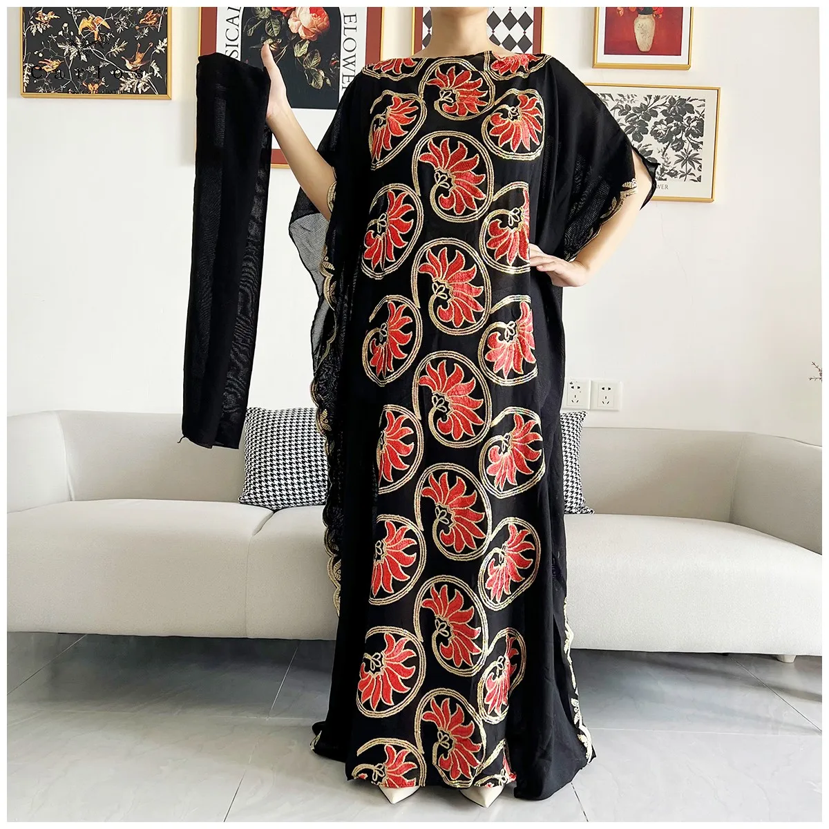 2026 Women Muslim Sequin Embroidery Long Black Lady Clothes Fashion New Arrival African Embroidery Flower Dresse With Scarf