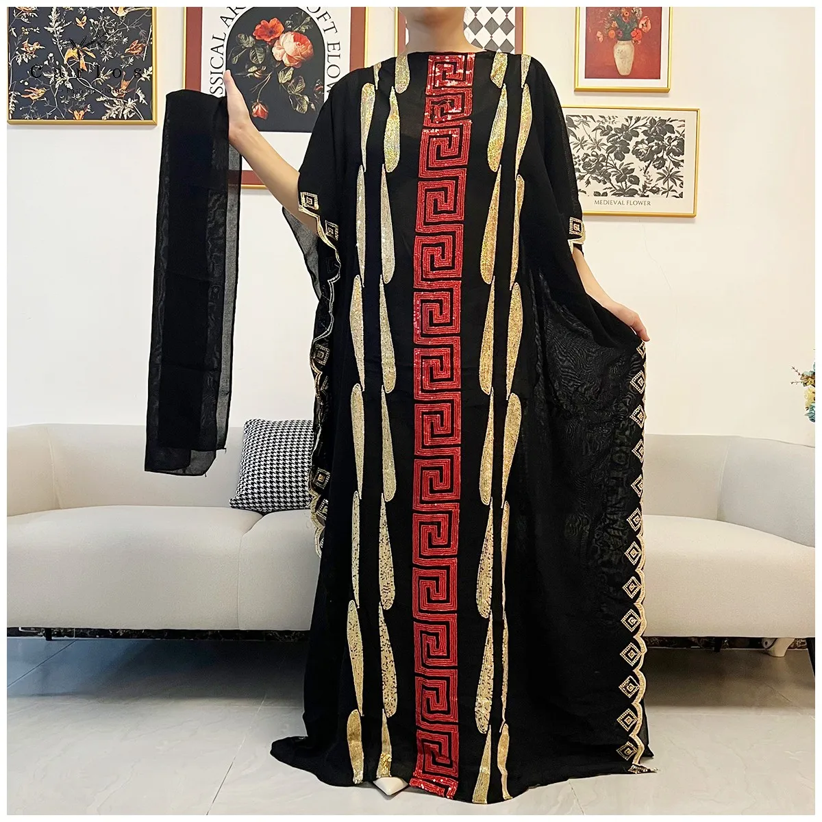 2026 Women Muslim Sequin Embroidery Long Black Lady Clothes Fashion New Arrival African Embroidery Flower Dresse With Scarf