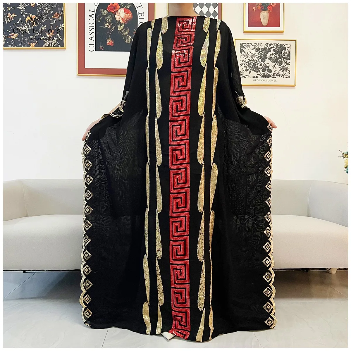 2026 Women Muslim Sequin Embroidery Long Black Lady Clothes Fashion New Arrival African Embroidery Flower Dresse With Scarf