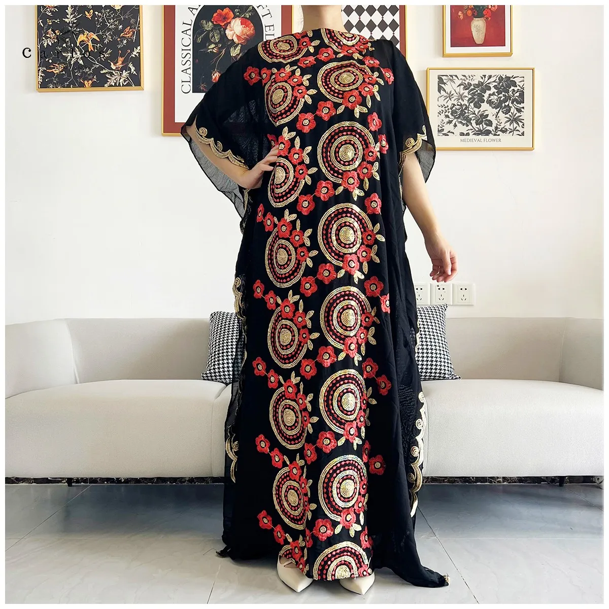 2026 Women Muslim Sequin Embroidery Long Black Lady Clothes Fashion New Arrival African Embroidery Flower Dresse With Scarf