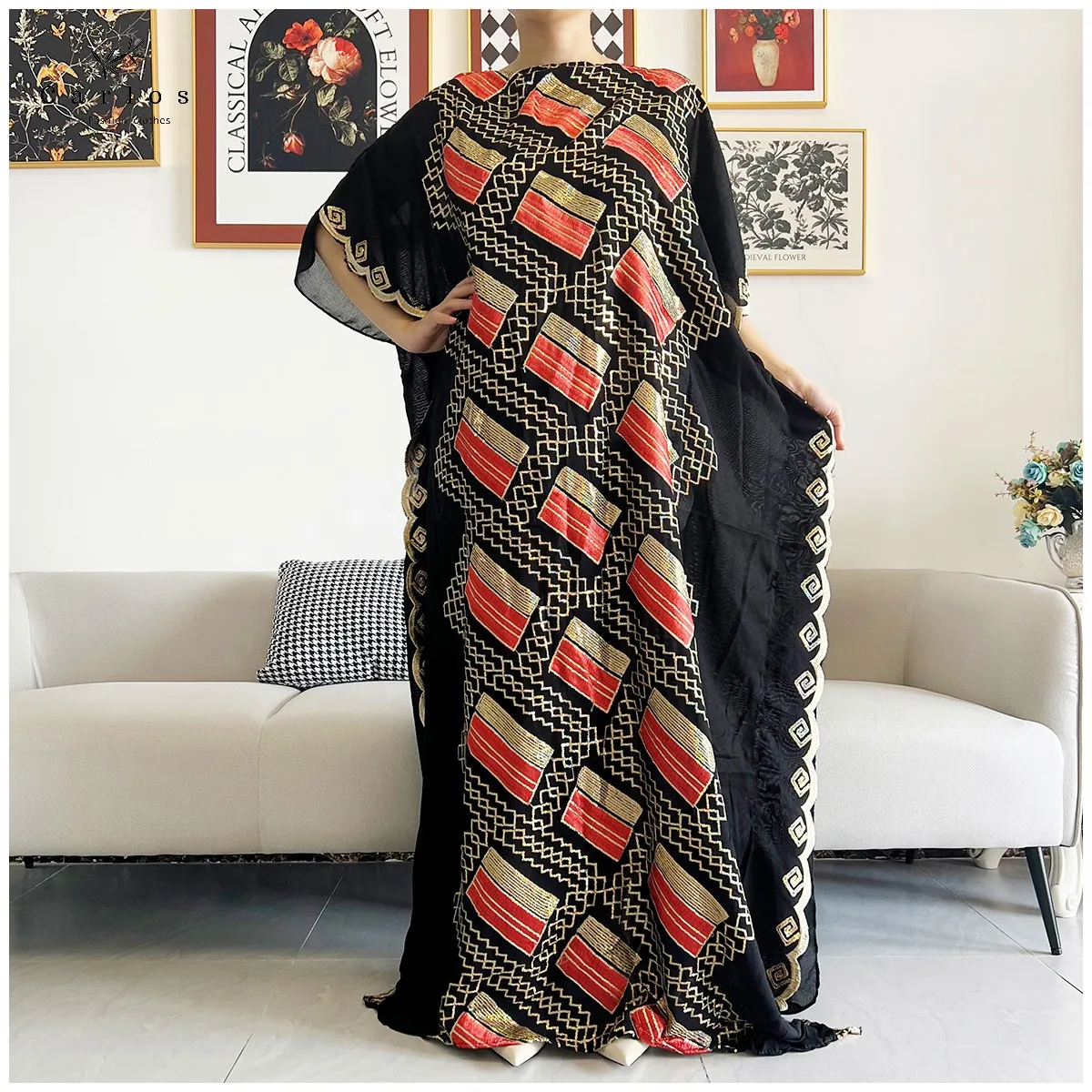 2026 Women Muslim Sequin Embroidery Long Black Lady Clothes Fashion New Arrival African Embroidery Flower Dresse With Scarf