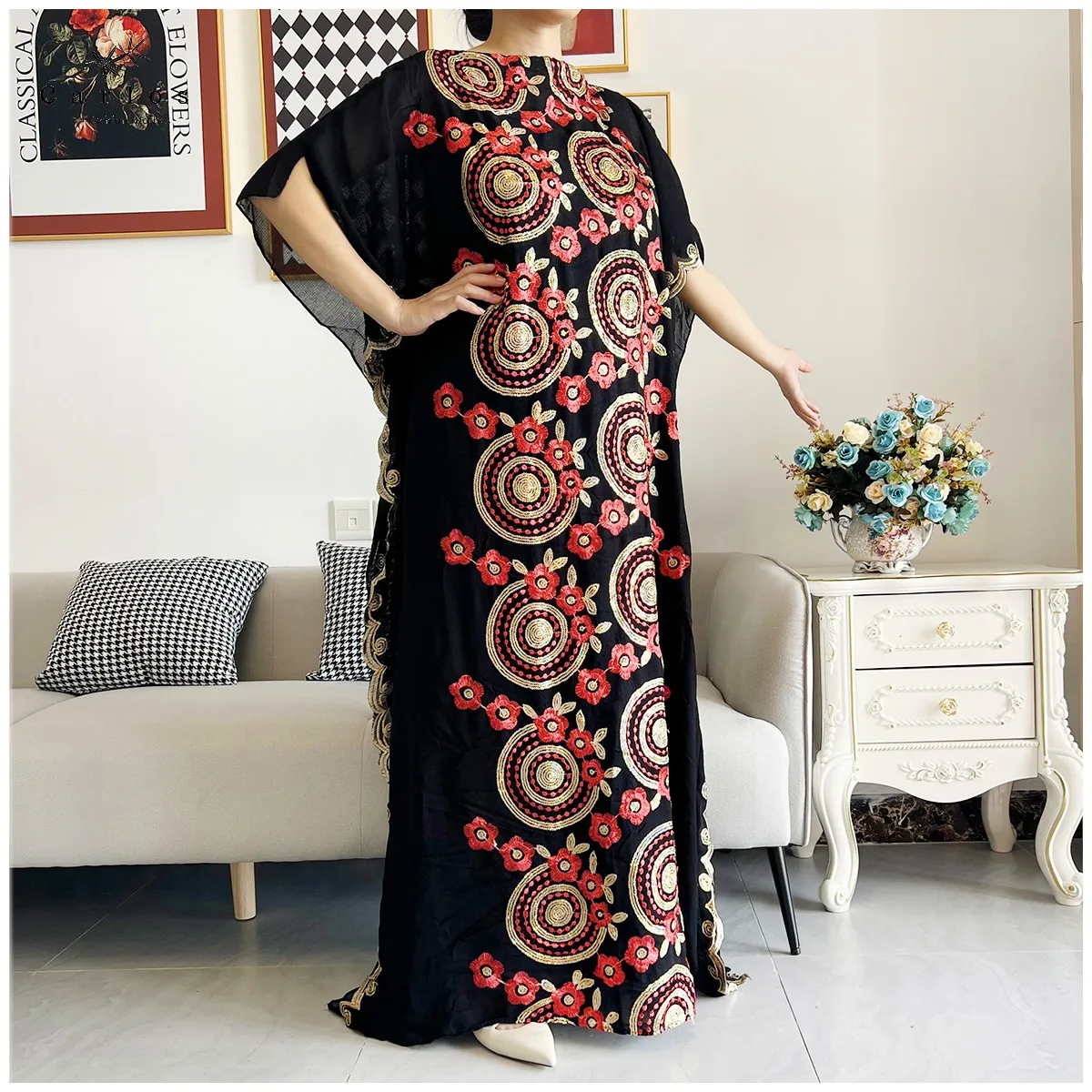 2026 Women Muslim Sequin Embroidery Long Black Lady Clothes Fashion New Arrival African Embroidery Flower Dresse With Scarf