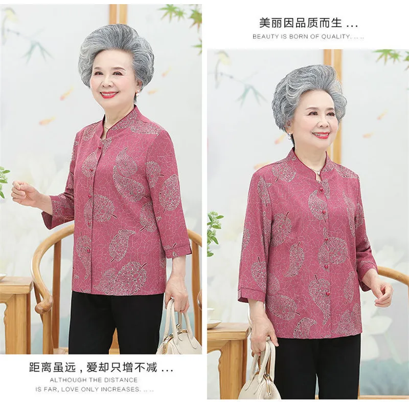 Elderly Grandma Shirts Blouse Tops 3/4 Sleeve Spring Summer 60 To 80 Years Old Middle-Aged Mother Pants 2PCS Womens Outfits 5XL