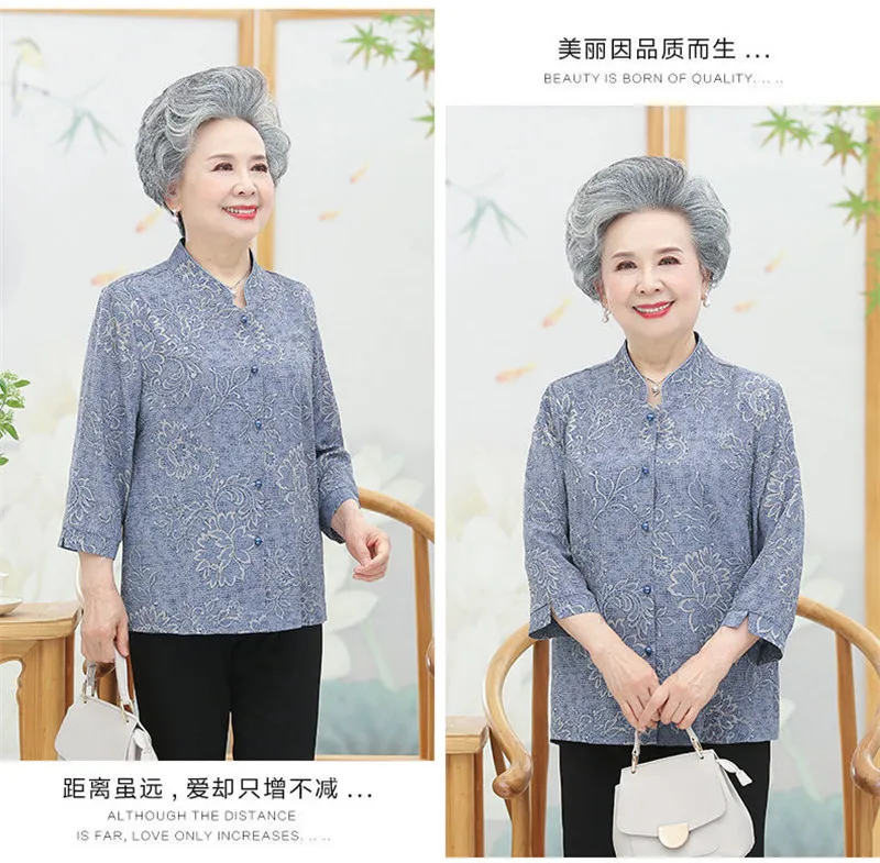 Elderly Grandma Shirts Blouse Tops 3/4 Sleeve Spring Summer 60 To 80 Years Old Middle-Aged Mother Pants 2PCS Womens Outfits 5XL