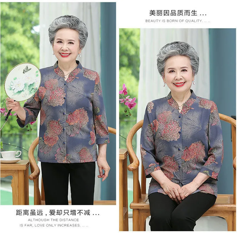 Elderly Grandma Shirts Blouse Tops 3/4 Sleeve Spring Summer 60 To 80 Years Old Middle-Aged Mother Pants 2PCS Womens Outfits 5XL