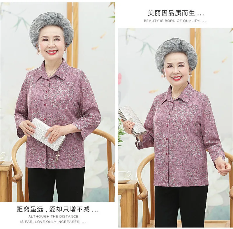Elderly Grandma Shirts Blouse Tops 3/4 Sleeve Spring Summer 60 To 80 Years Old Middle-Aged Mother Pants 2PCS Womens Outfits 5XL