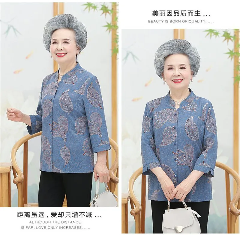 Elderly Grandma Shirts Blouse Tops 3/4 Sleeve Spring Summer 60 To 80 Years Old Middle-Aged Mother Pants 2PCS Womens Outfits 5XL