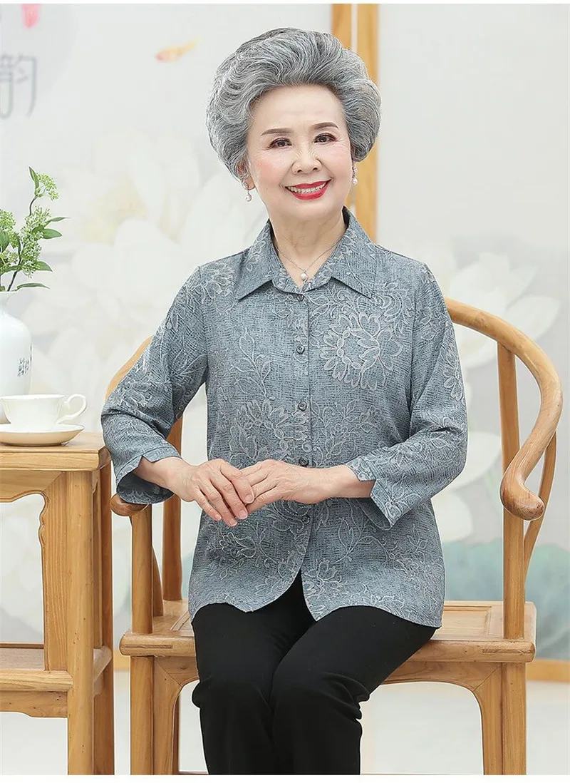 Elderly Grandma Shirts Blouse Tops 3/4 Sleeve Spring Summer 60 To 80 Years Old Middle-Aged Mother Pants 2PCS Womens Outfits 5XL