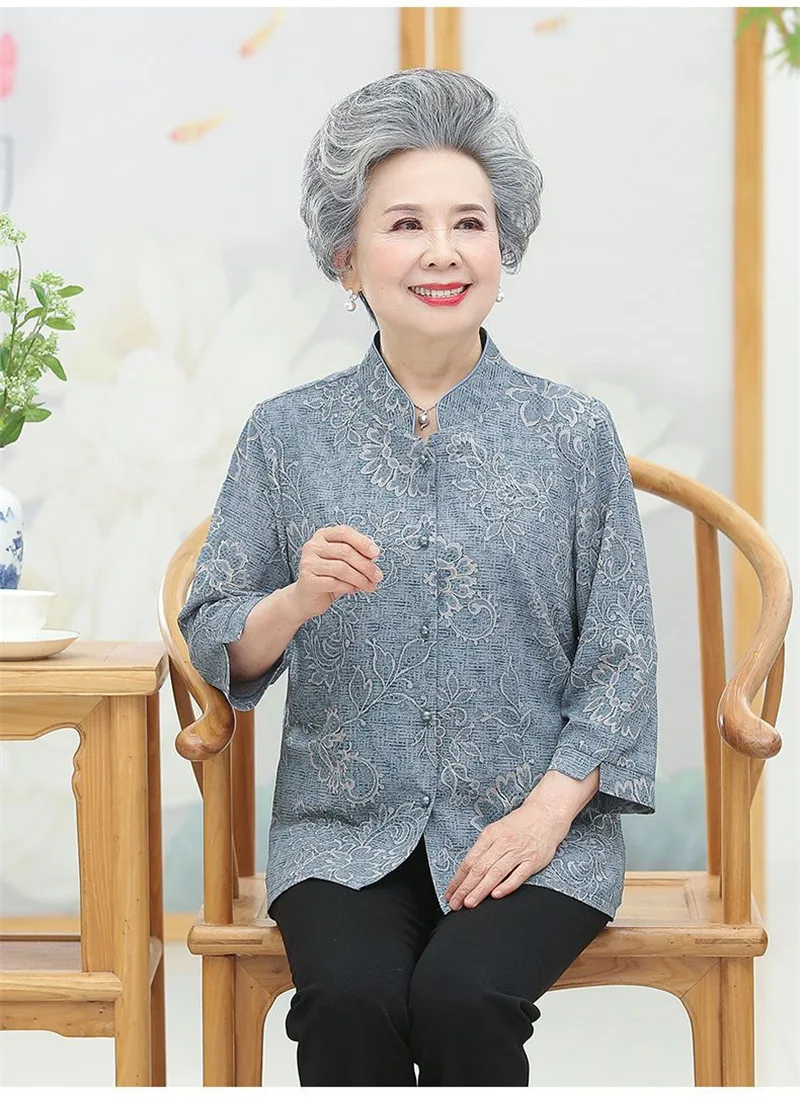 Elderly Grandma Shirts Blouse Tops 3/4 Sleeve Spring Summer 60 To 80 Years Old Middle-Aged Mother Pants 2PCS Womens Outfits 5XL
