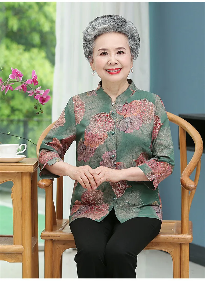 Elderly Grandma Shirts Blouse Tops 3/4 Sleeve Spring Summer 60 To 80 Years Old Middle-Aged Mother Pants 2PCS Womens Outfits 5XL