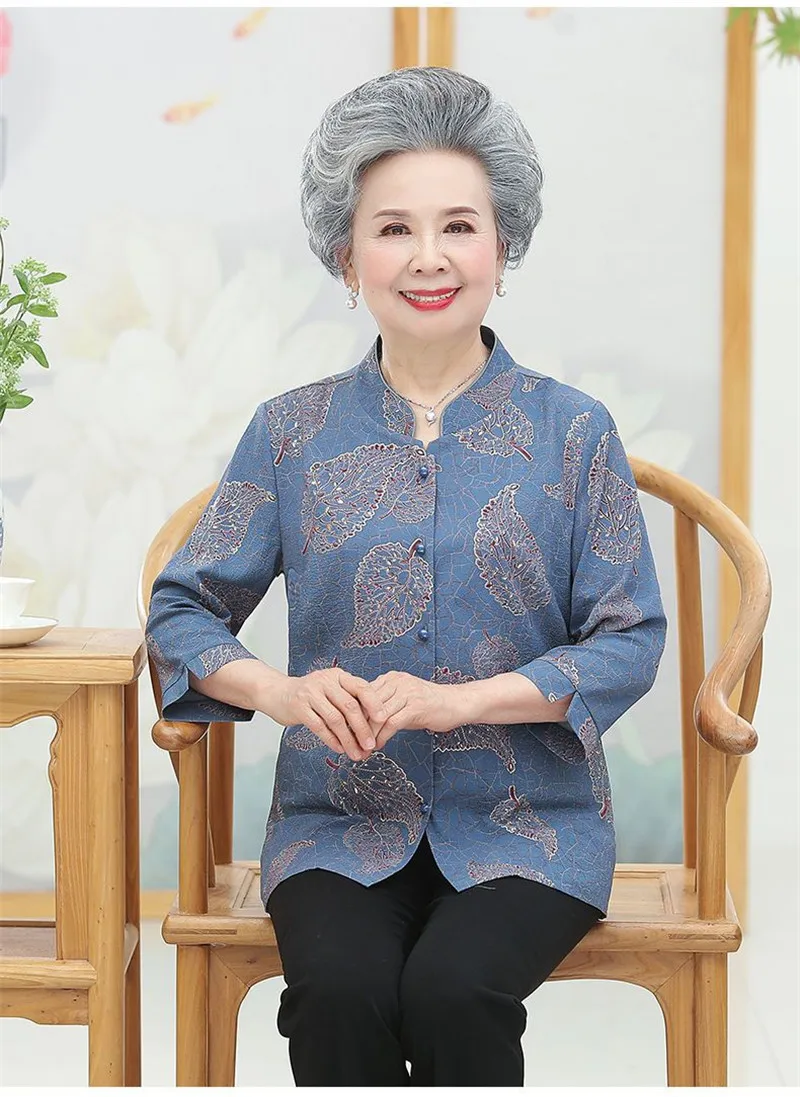 Elderly Grandma Shirts Blouse Tops 3/4 Sleeve Spring Summer 60 To 80 Years Old Middle-Aged Mother Pants 2PCS Womens Outfits 5XL