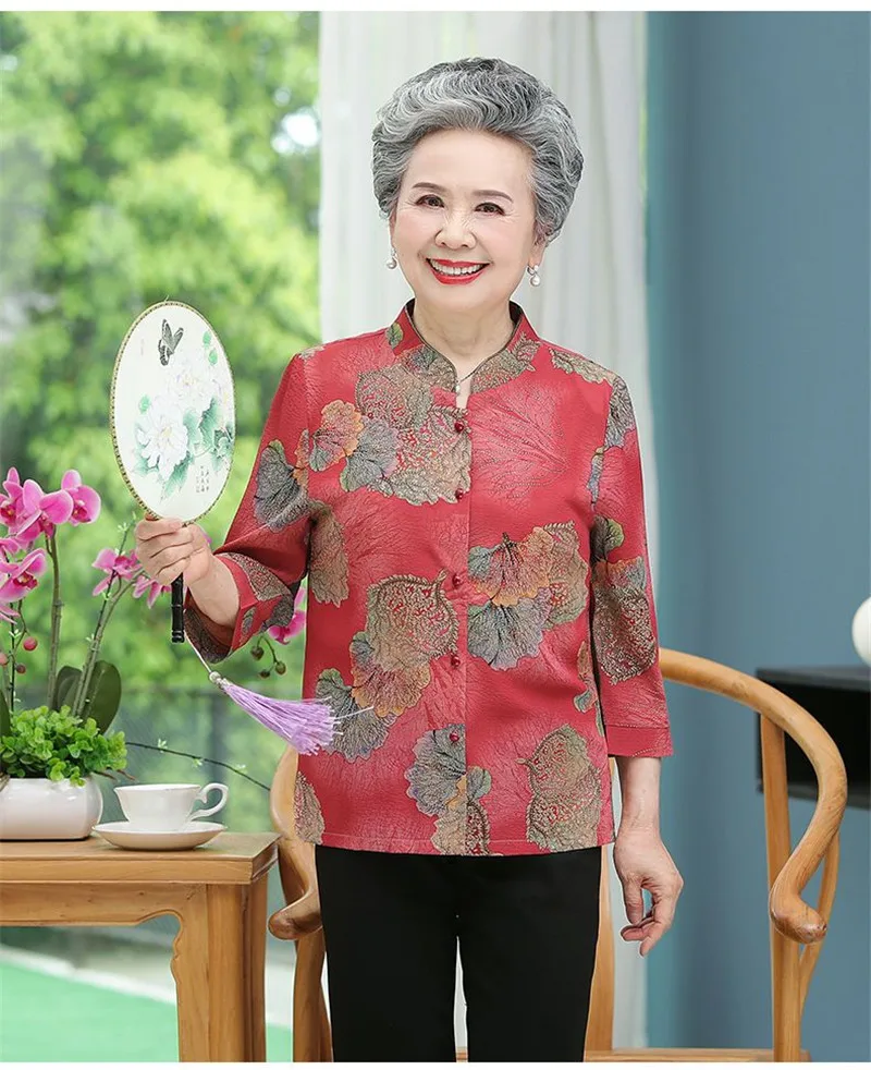 Elderly Grandma Shirts Blouse Tops 3/4 Sleeve Spring Summer 60 To 80 Years Old Middle-Aged Mother Pants 2PCS Womens Outfits 5XL