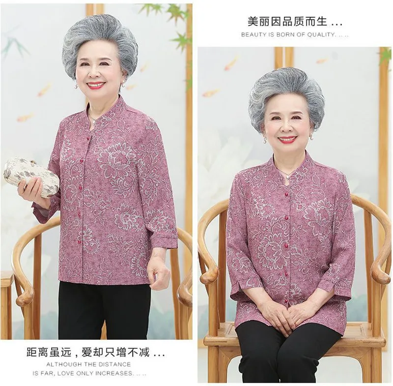 Elderly Grandma Shirts Blouse Tops 3/4 Sleeve Spring Summer 60 To 80 Years Old Middle-Aged Mother Pants 2PCS Womens Outfits 5XL