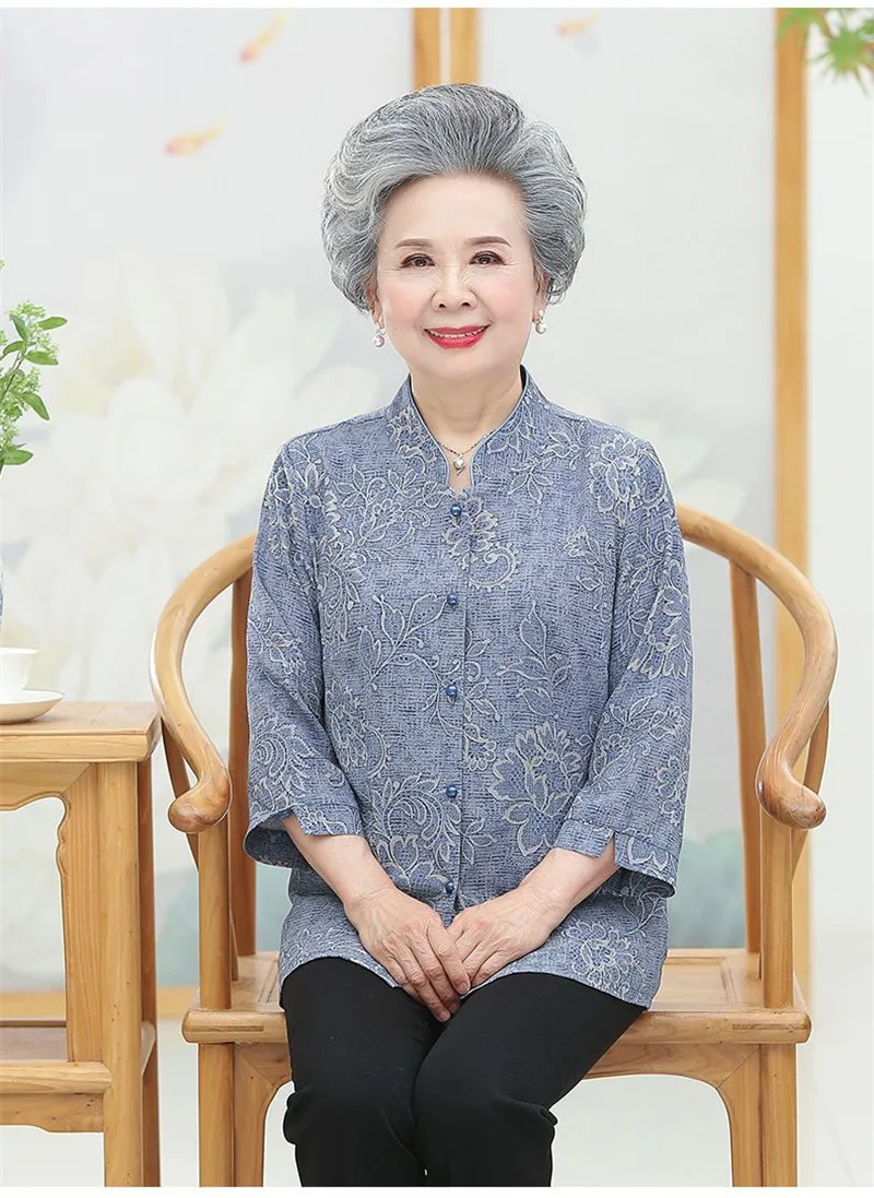 Elderly Grandma Shirts Blouse Tops 3/4 Sleeve Spring Summer 60 To 80 Years Old Middle-Aged Mother Pants 2PCS Womens Outfits 5XL