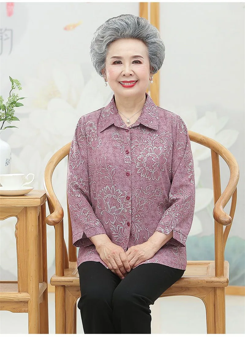 Elderly Grandma Shirts Blouse Tops 3/4 Sleeve Spring Summer 60 To 80 Years Old Middle-Aged Mother Pants 2PCS Womens Outfits 5XL