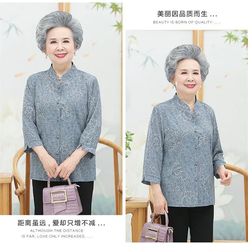 Elderly Grandma Shirts Blouse Tops 3/4 Sleeve Spring Summer 60 To 80 Years Old Middle-Aged Mother Pants 2PCS Womens Outfits 5XL