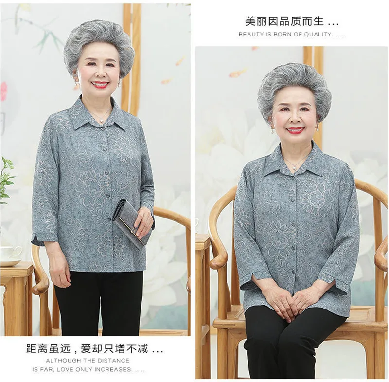 Elderly Grandma Shirts Blouse Tops 3/4 Sleeve Spring Summer 60 To 80 Years Old Middle-Aged Mother Pants 2PCS Womens Outfits 5XL
