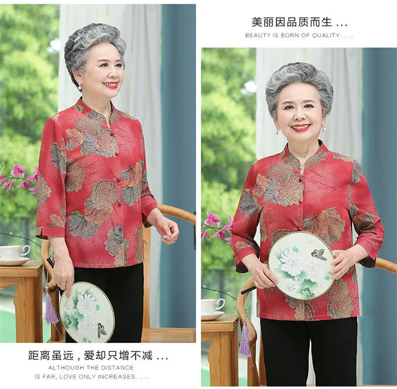 Elderly Grandma Shirts Blouse Tops 3/4 Sleeve Spring Summer 60 To 80 Years Old Middle-Aged Mother Pants 2PCS Womens Outfits 5XL
