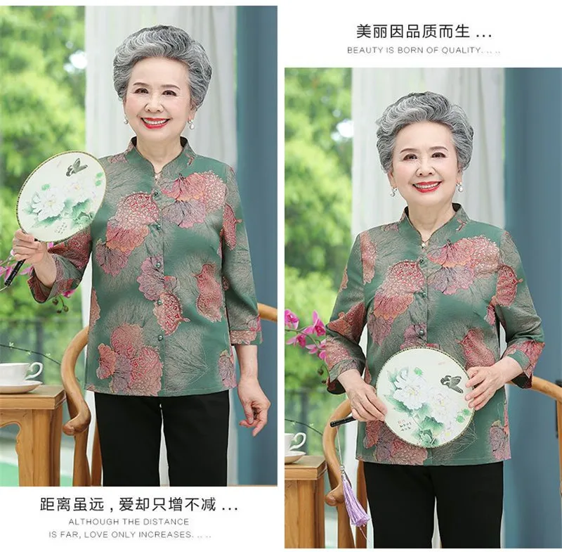 Elderly Grandma Shirts Blouse Tops 3/4 Sleeve Spring Summer 60 To 80 Years Old Middle-Aged Mother Pants 2PCS Womens Outfits 5XL