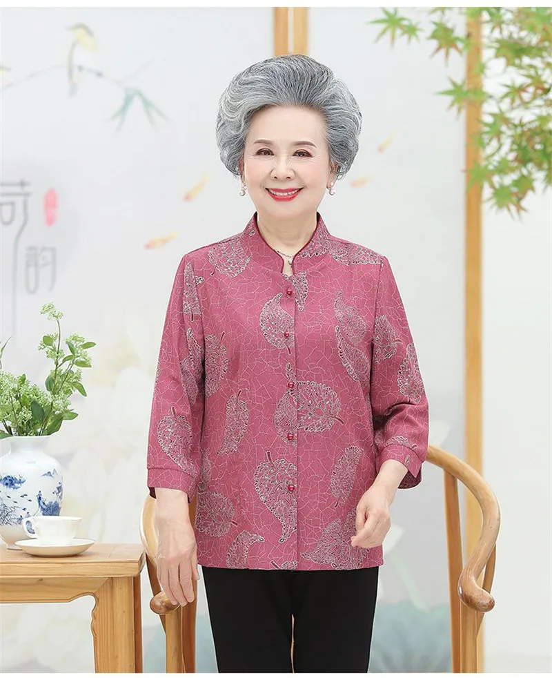 Elderly Grandma Shirts Blouse Tops 3/4 Sleeve Spring Summer 60 To 80 Years Old Middle-Aged Mother Pants 2PCS Womens Outfits 5XL