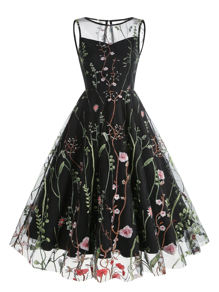 Tonval Floral Mesh Embroidery Evening Party Elegant Women Vintage Midi Dress Keyhole Back Sleeveless Ladies Swing Dresses