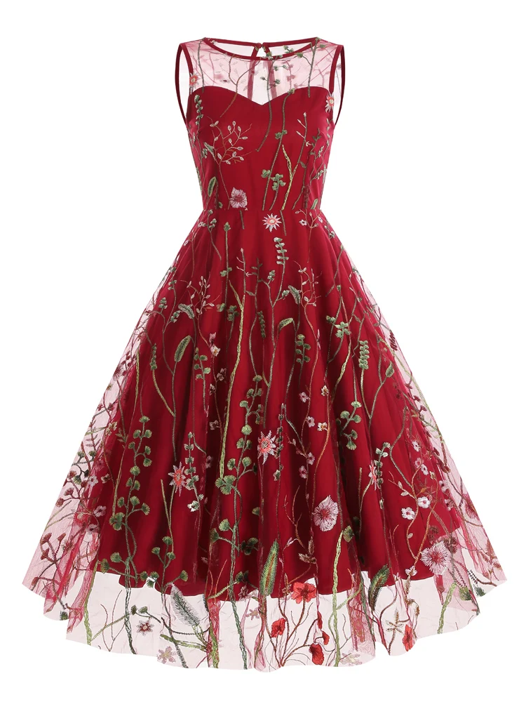 Tonval Floral Mesh Embroidery Evening Party Elegant Women Vintage Midi Dress Keyhole Back Sleeveless Ladies Swing Dresses