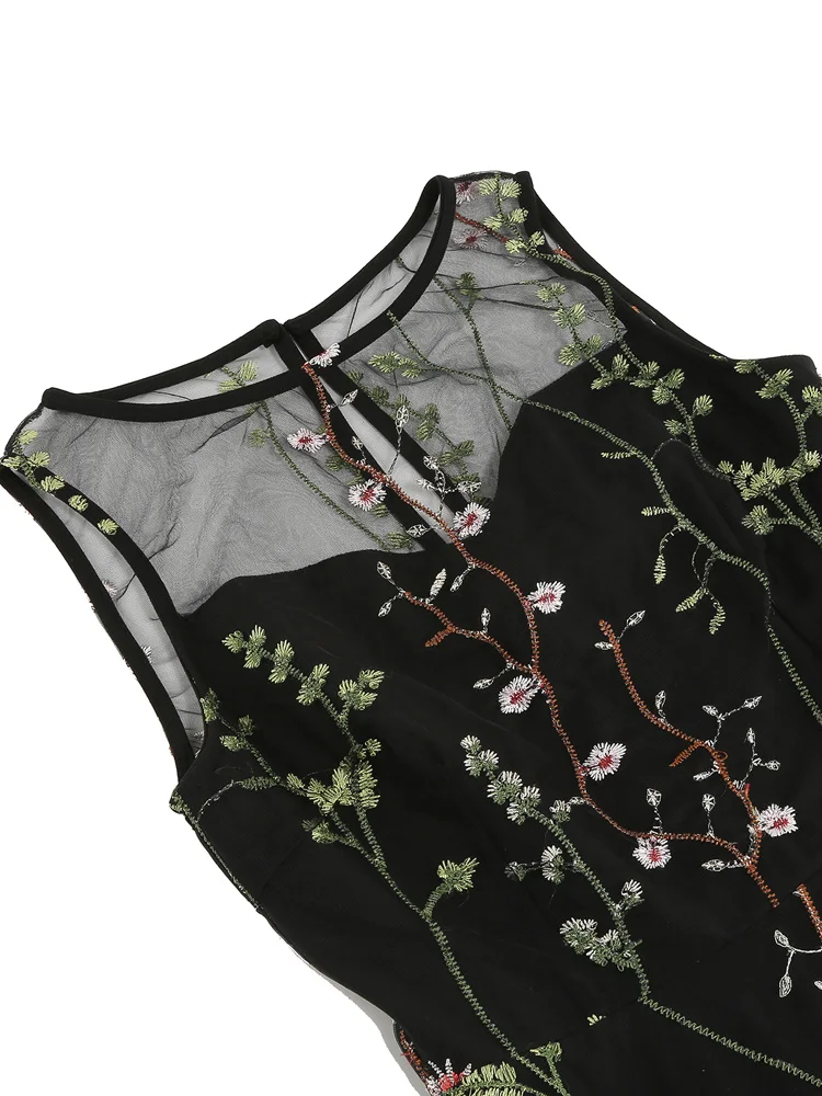 Tonval Floral Mesh Embroidery Evening Party Elegant Women Vintage Midi Dress Keyhole Back Sleeveless Ladies Swing Dresses