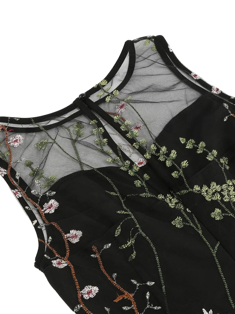 Tonval Floral Mesh Embroidery Evening Party Elegant Women Vintage Midi Dress Keyhole Back Sleeveless Ladies Swing Dresses