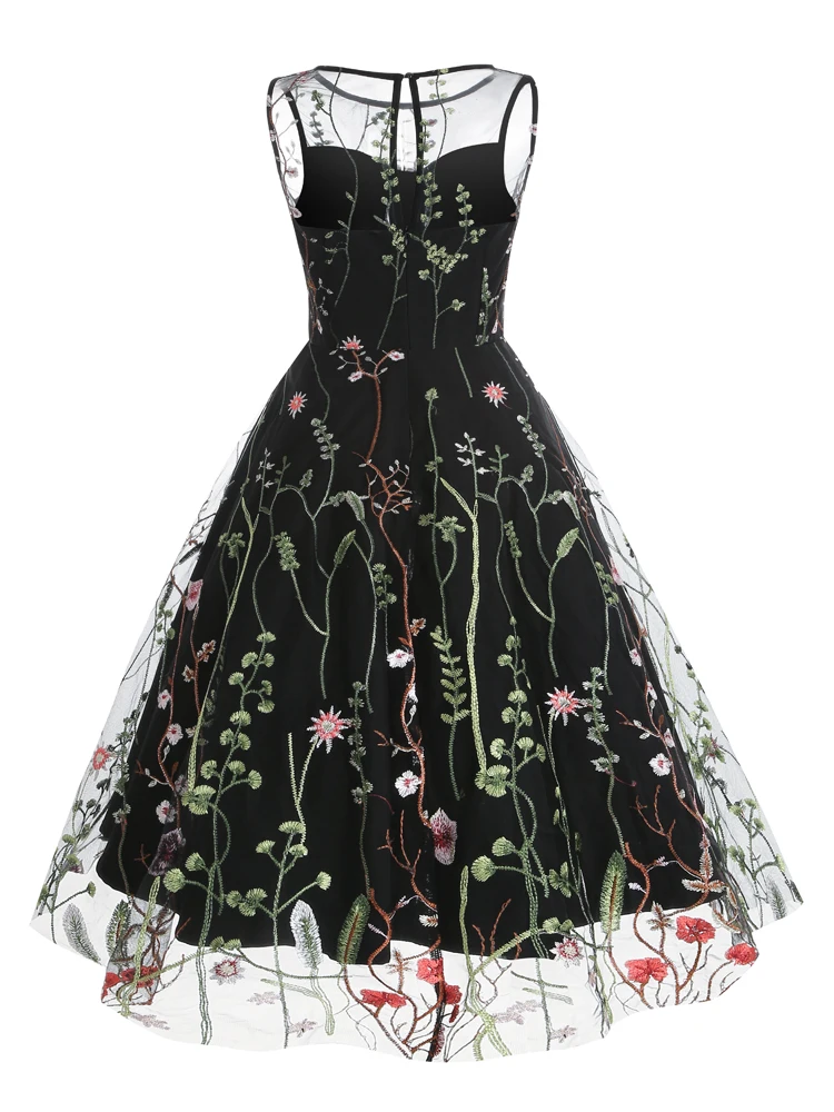 Tonval Floral Mesh Embroidery Evening Party Elegant Women Vintage Midi Dress Keyhole Back Sleeveless Ladies Swing Dresses
