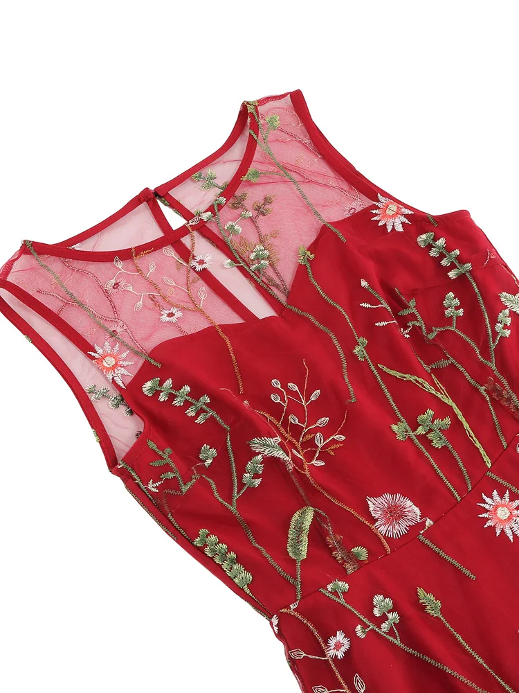 Tonval Floral Mesh Embroidery Evening Party Elegant Women Vintage Midi Dress Keyhole Back Sleeveless Ladies Swing Dresses