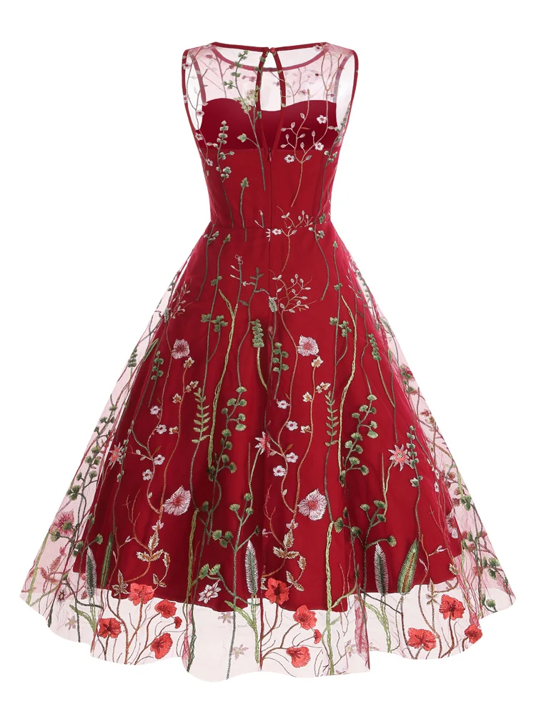 Tonval Floral Mesh Embroidery Evening Party Elegant Women Vintage Midi Dress Keyhole Back Sleeveless Ladies Swing Dresses