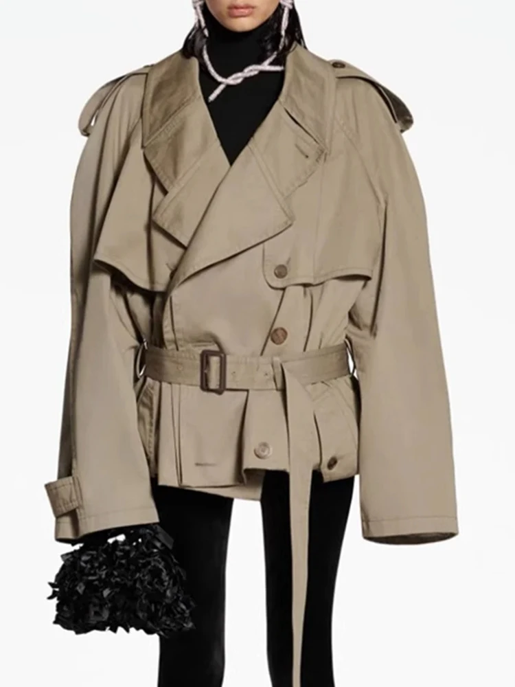 FANAN Fashion Women Cotton Trench Coat Lapel Raglan Sleeve Double Breasted Solid Color Short Windbreaker Autumn 2025 New