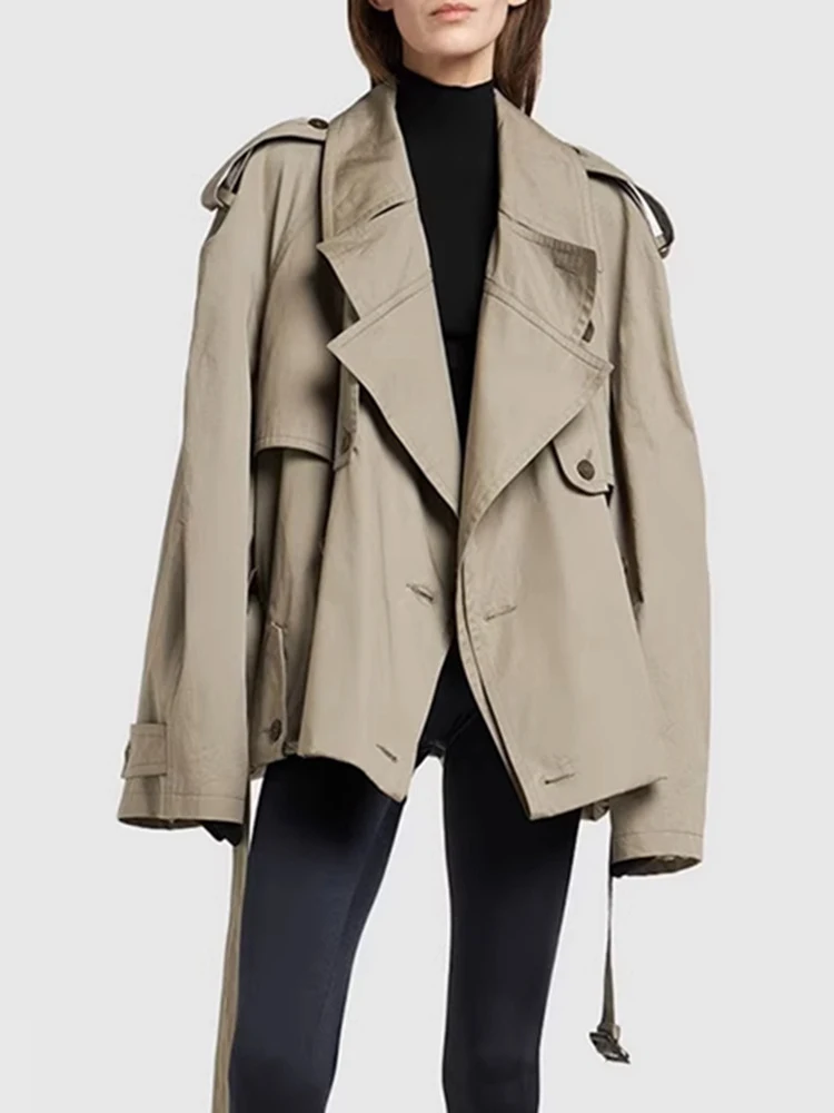 FANAN Fashion Women Cotton Trench Coat Lapel Raglan Sleeve Double Breasted Solid Color Short Windbreaker Autumn 2025 New