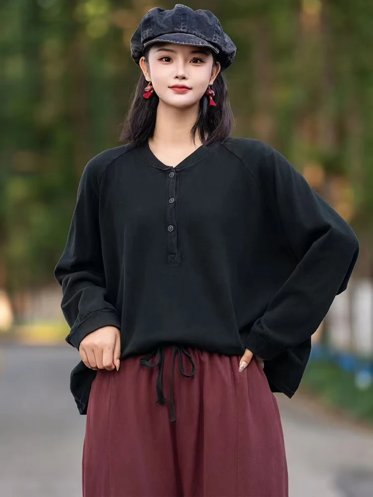 Amax luluE 2025 Japanese Fashion Tops Womens Loose Casual V Neck T-shirts Ladies Classic Vintage Design Harajuku Cotton Clothing