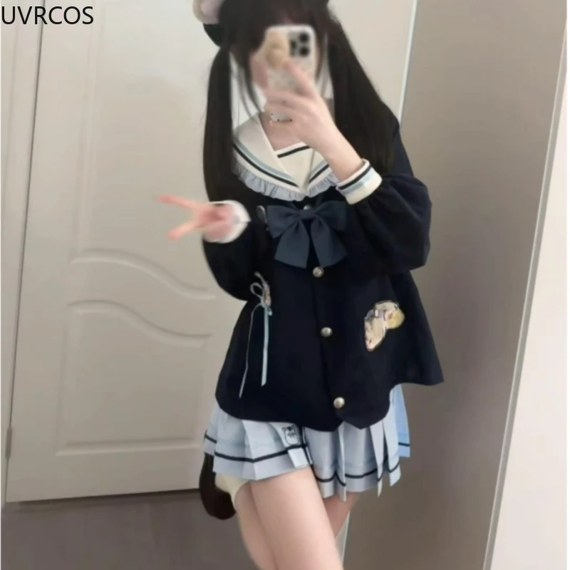 Japanese Kawaii JK Uniform Skirt Set Women Preppy Style Sweet Bow Sailor Collar Tops Pleated Mini Skirts Gothic Y2k Lolita Suit