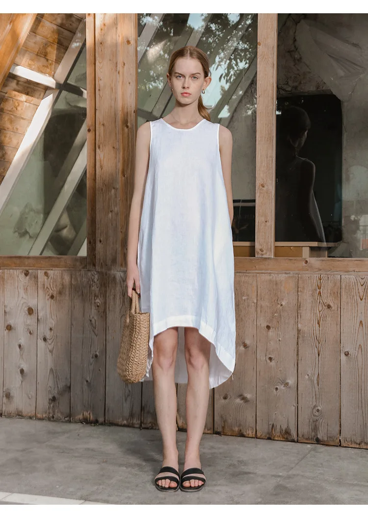 100% Linen Summer Vest Dress Women's 2026 Spring New Asymmetric Hem Chic Sleeveless Linen Dresses Female Vestidos