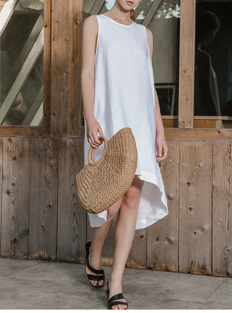 100% Linen Summer Vest Dress Women's 2026 Spring New Asymmetric Hem Chic Sleeveless Linen Dresses Female Vestidos