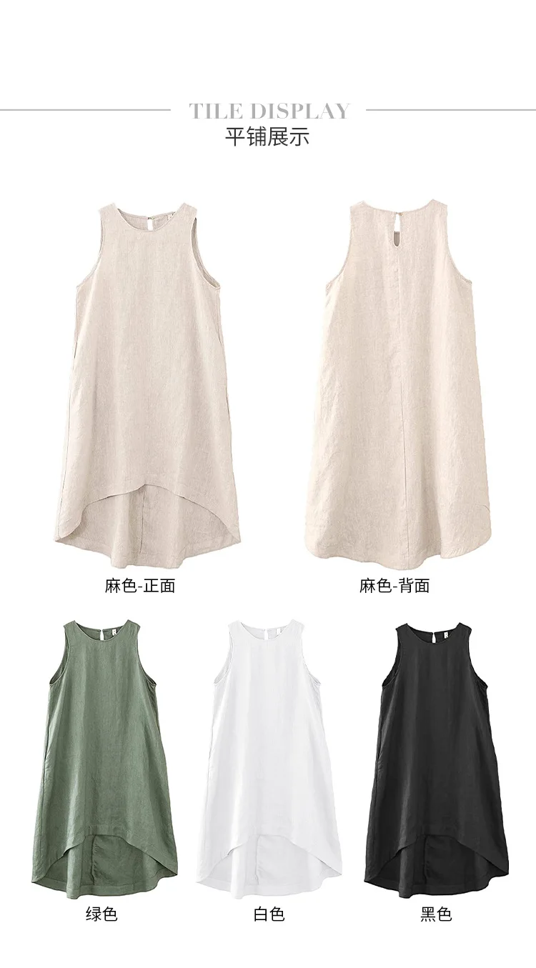 100% Linen Summer Vest Dress Women's 2026 Spring New Asymmetric Hem Chic Sleeveless Linen Dresses Female Vestidos