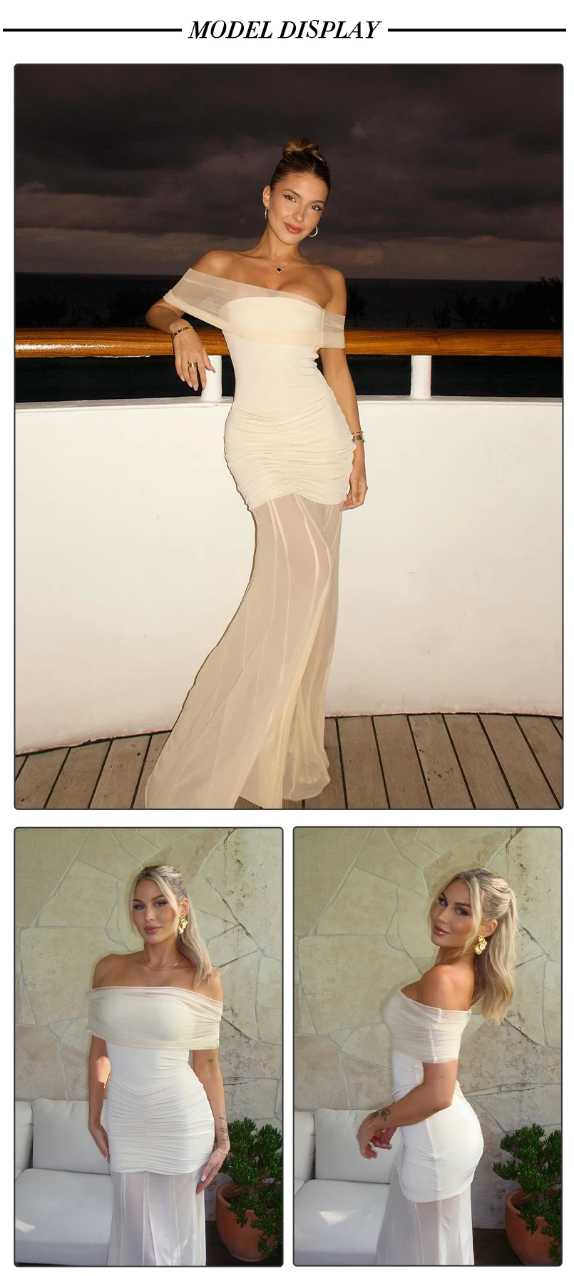 VC Elegant Off-Shoulder Maxi Dress with Body-Hugging Fit and Sheer Fabric for Coastal Occasions Evening Gown