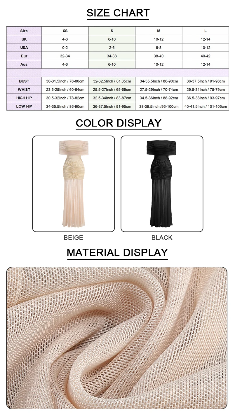VC Elegant Off-Shoulder Maxi Dress with Body-Hugging Fit and Sheer Fabric for Coastal Occasions Evening Gown