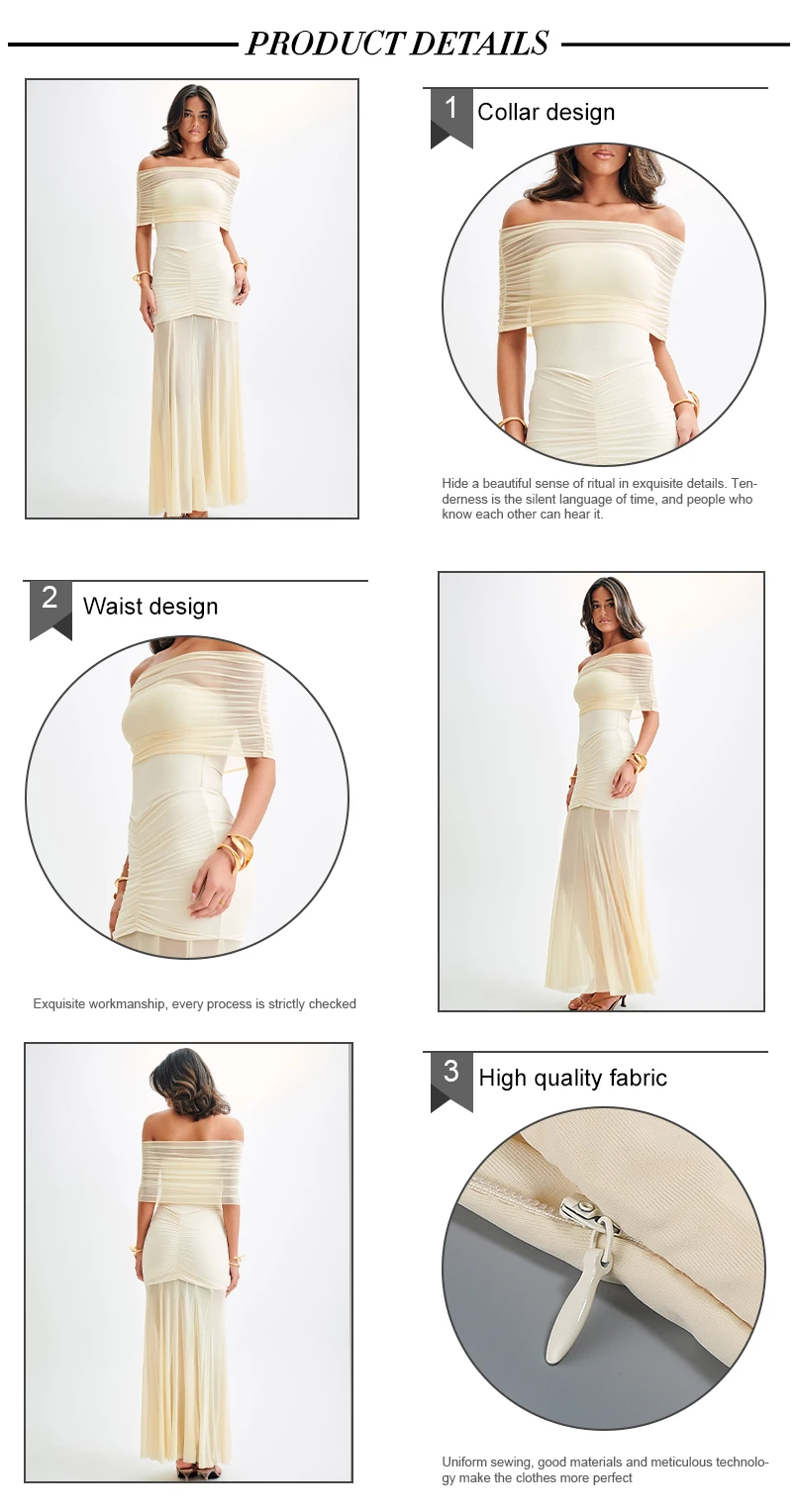 VC Elegant Off-Shoulder Maxi Dress with Body-Hugging Fit and Sheer Fabric for Coastal Occasions Evening Gown